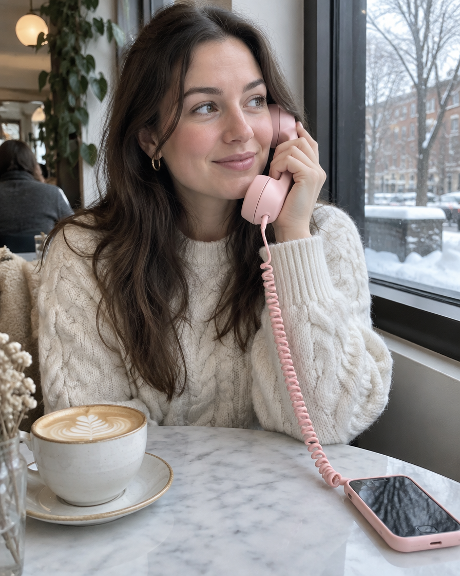 Woman using the handset at a cafe
