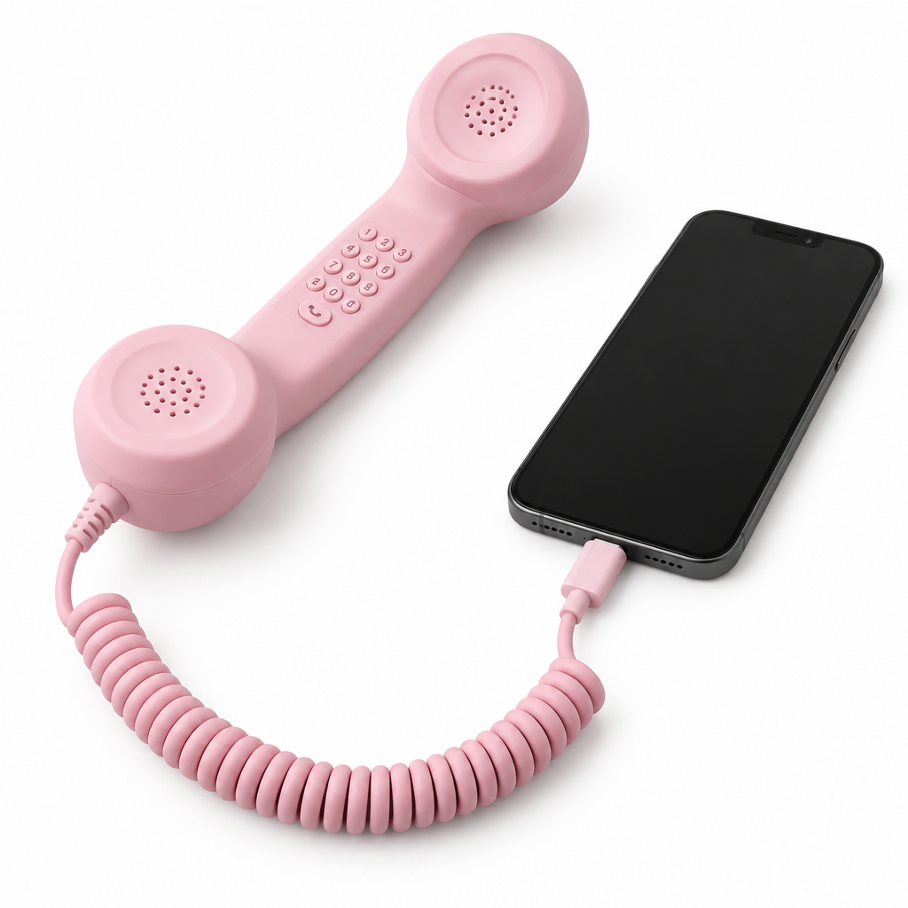 Pink retro handset plugged into phone